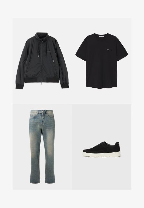 Musta kevyt vetoketjullinen takki, jossa on seisomakaulus, vetoketjulliset sivutaskut, narut, ribbireunat ja Armani Exchange -logo rinnassa.; Musta puuvillapaita, jossa on pyöreä kaula-aukko, lyhyet hihat ja valkoinen logopainatus vasemmassa rinnassa. Yksinkertainen, tasavärinen design.; Vaaleansiniset farkut suoran lahkeen ja keskikorkean vyötärön kanssa, joissa on hieno kulutus. Varustettu klassisilla taskutyyleillä ja kontrastivärisilläommeltuilla.; Mustat mokkakengät nauhoilla ja kontrastivalkoisella kumipohjalla. Varustettu teksturoiduilla sivupaneeleilla ja huomaamattomalla brändäyksellä kantapäässä.