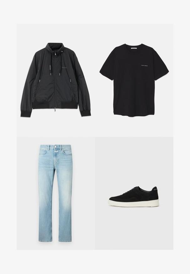 Svart lett zip-up jakke med ståkrage, glidelåslommer på sidene, snorer, ribbestrikkede mansjetter og Armani Exchange-logo på brystet.; Svart bomull T-skjorte med rund hals, korte ermer, og hvit logo trykk på venstre bryst. Enkel, ensfarget design.; Lys blå denimjeans med rett ben, med klassisk fem-lommers design og knappestang.; Svart semsket sneakers med snøring og kontrasterende hvit gummisåle. Har teksturerte sidepaneler og subtil merkevare på hælen.