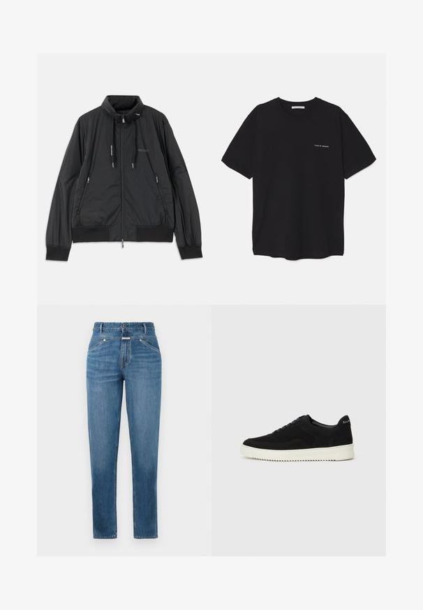 Casaco leve preto com fecho frontal e gola alta, bolsos laterais com fecho, cordões, punhos canelados e logótipo da Armani Exchange no peito.; T-shirt preta de algodão com gola redonda, mangas curtas e impressão de logó tipo branca no lado esquerdo do peito. Design simples, de cor sólida.; Jeans azuis de cintura alta, reto, com bolsos frontais, passantes para cinto, fecho de botão e detalhes de desbotamento subtil.; Sapatilhas de camurça pretas com design de atacadores e sola de borracha branca em contraste. Apresenta painéis laterais texturizados e uma marcação discreta no calcanhar.