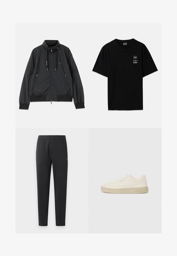Svart lättvikts zip-jacka med ståkrage, dragkedjefickor i sidan, dragsko, ribbade ärmmuddar och Armani Exchange-logotyp på bröstet.; Svart bomullströja med korta ärmar, rund halsringning och en liten logotags på framsidan med vårdsymboler i vitt.; Svarta joggingbyxor i mjukt tyg, med elastisk midja, raka ben och en liten logotypdetalj på sidan.; Vita canvas sneakers med en texturerad gummisula, med en sydd tåhätta och logotypdetalj på hälen. Enkel snörningsdesign.