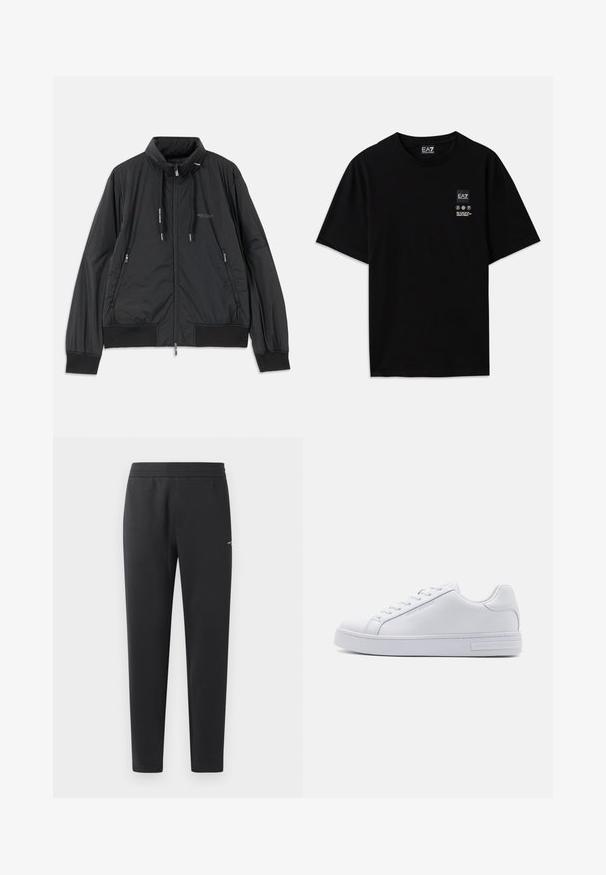 Czarna, lekka kurtka z zamkiem błyskawicznym i stojącym kołnierzem, z zamykanymi kieszeniami po bokach, sznurkami ściągającymi, ściągaczami przy mankietach oraz logo Armani Exchange na klatce piersiowej.; Czarna bawełniana koszulka z krótkim rękawem, okrągłym dekoltem i małą metką z logo z przodu z białymi symbolami pielęgnacyjnymi.; Czarne spodnie dresowe z miękkiego materiału, z elastycznym paskiem, prostymi nogawkami oraz małym logo z boku.; Białe skórzane sneakersy o gładkiej fakturze, okrągłym nosku, wiązanej przedniej części i płaskiej gumowej podeszwie. Posiadają wytłoczone logo na pięcie.