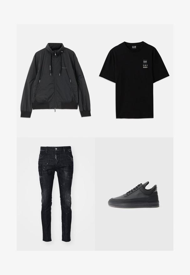 Black lightweight zip-up jacket with stand collar, zippered side pockets, drawstrings, ribbed cuffs, and Armani Exchange logo on chest.; Black cotton t-shirt with short sleeves, a crew neck, and a small logo tag on the front featuring care symbols in white.; Black denim jeans with a slim fit, featuring a distressed finish, splatter pattern, and front pockets. Branding is visible on the front.; Black leather sneakers with a textured surface, lace-up design, a low top, and a grey rubber sole featuring a ridged edge.