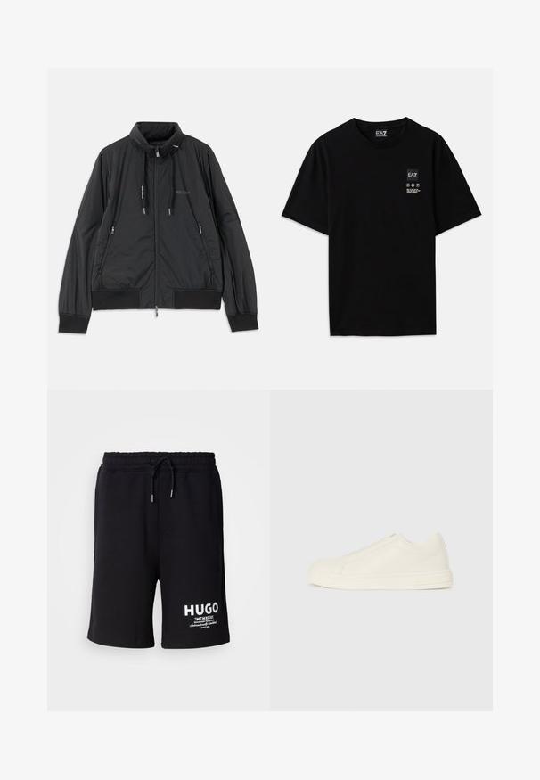 Black lightweight zip-up jacket with stand collar, zippered side pockets, drawstrings, ribbed cuffs, and Armani Exchange logo on chest.; Black cotton t-shirt with short sleeves, a crew neck, and a small logo tag on the front featuring care symbols in white.; Black cotton shorts with an elastic waistband and drawstring. White "HUGO" logo on the left leg. Simple design, knee-length cut.; Low-top beige leather sneaker with a round toe, minimal stitching, and a side zipper closure on a white background.