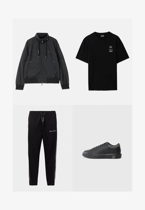 Crna lagana jakna na zip s visokom kragnom, bočnim dzepovima na zip, vezicama, rebrastim manžetama i logom Armani Exchange na prsima.; Crna pamučna majica s kratkim rukavima, okruglim izrezom i malom oznakom logotipa sprijeda koja sadrži simbole za njegu u bijeloj boji.; Crne trenirke od mješavine pamuka, s rebrastim pojasom, bijelim bočnim prugama i izvezenim logom na prednjem lijevom butu.; Crne kožne tenisice s glatkom završnom obradom, okruglim vrhom i tamno sivim detaljima. Imaju vezanje i teksturiranu gumenu potplat.
