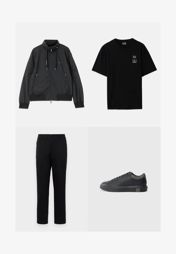 Juodas lengvas zip-up džemperis su stovinčiu apykakle, užtrauktukais šoninėse kišenėse, įveržimais, raibotu rankogaliu ir Armani Exchange logotipu ant krūtinės.; Juoda medvilnė t-shirt su trumpomis rankovėmis, apvalia iškirpte ir maža logotipo etiketė priekyje su baltomis priežiūros simbolių pictogramomis.; Juodi kelniai su tiesių kojų dizainu, pagaminti iš lygaus audinio. Turi vidutinį liemenį ir šonines kišenes. Minimalistinis stilius be raštų.; Juodos odinės sportinės bateliai su lygiu paviršiumi, apvaliu nose ir tamsiai pilkais akcentais. Turi raištelių dizainą ir tekstūruotą gumos padas.