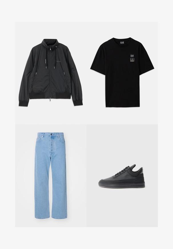 Fekete, könnyű, cipzáras dzseki álló gallérral, cipzáras oldalsó zsebekkel, húzózsinórral, bordázott mandzsettákkal és Armani Exchange logóval a mellkason.; Fekete pamut póló rövid ujjal, kerek nyakkivágással, az elején egy kis logócímkével, amely fehér színű ápolási szimbólumokat tartalmaz.; Világoskék farmer széles szárú nadrág magas derékkal, öt zsebbel, elöl gombos záródással és minimalista dizájnnal.; Fekete bőr sportcipő, textúrázott felülettel, fűzős dizájnnal, alacsony szárú kivitelben, szürke gumi talppal, mely bordázott peremmel rendelkezik.