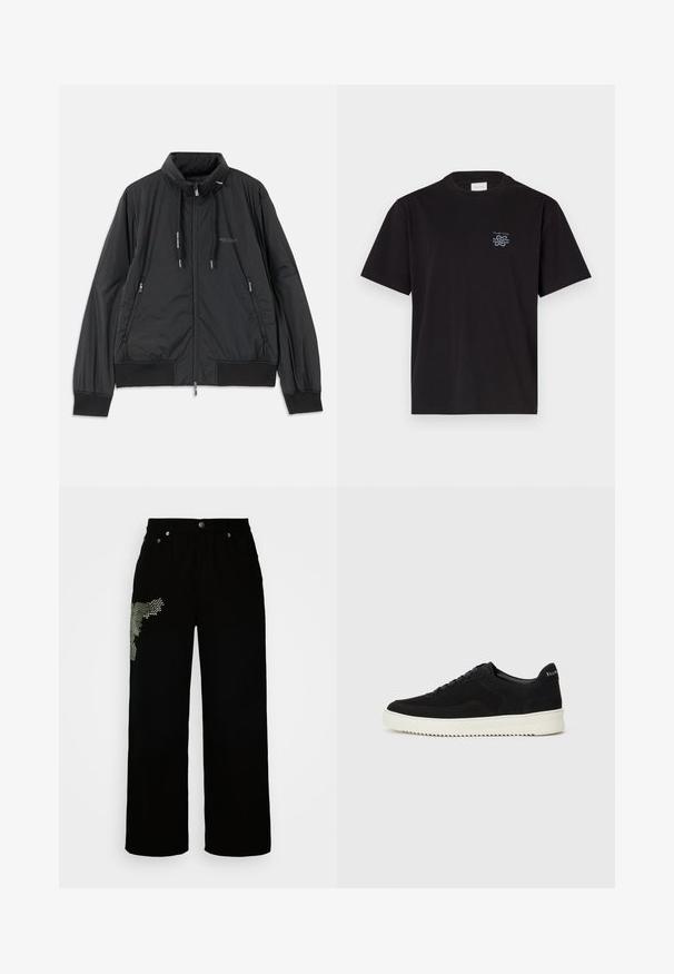 Svart lett zip-up jakke med ståkrage, glidelåslommer på sidene, snorer, ribbestrikkede mansjetter og Armani Exchange-logo på brystet.; Svart bomulls T-skjorte med rund hals og korte ermer. Har en liten blå logo på venstre bryst. Enkel, rettskåret design.; Sorte vide ben bukser laget av denim, med et teksturert mønster på venstre ben og sølvfarget tilbehør.; Svart semsket sneakers med snøring og kontrasterende hvit gummisåle. Har teksturerte sidepaneler og subtil merkevare på hælen.