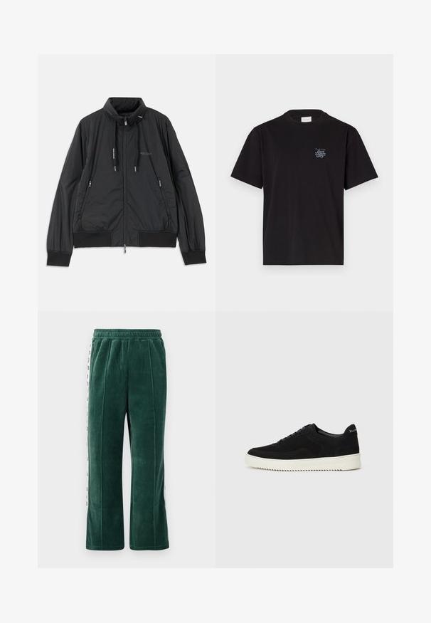 Crna lagana jakna na zip s visokom kragnom, bočnim dzepovima na zip, vezicama, rebrastim manžetama i logom Armani Exchange na prsima.; Crna pamučna majica s okruglim izrezom i kratkim rukavima. Ima mali plavi logo na lijevoj strani prsnog koša. Jednostavan, ravno krojen dizajn.; Tamnozelene velur trenirke s elastičnim pojasom, s vertikalnim šavovima i bijelim bočnim trakama s crnim tekstom. Ravnog kroja.; Crne nubuk tenisice s vezanjem i kontrastnom bijelom gumenom potplatom. Imaju teksturirane bočne panele i suptilno brendiranje na peti.