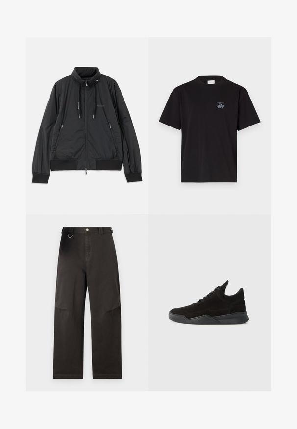 Melna, viegla, ar rāvējslēdzēju aizdara jaka ar stāvošu apkakli, rāvējslēdzēja sānu kabatām, sašaurinājuma auklām, ribota apakšmala piedurknēm un Armani Exchange logotipu uz krūšu.; Melna kokvilnas T-kreklu ar apaļu kaklu un īsām piedurknēm. Saturs mazu zilu logotipu kreisajā krūtī. Vienkāršs, taisns griezums.; Melnas platās bikses, izgatavotas no izturīga auduma, ar priekšu pogu aizdari un sānu kabatām. Iekļauta metāla gredzena aksesuārs jostasvietā.; Melnas zamšādas sporta kurpes ar zemu profilu, teksturētu augšdaļu, plakaniem šņorēm un cietu gumijas zolīti ar nelielu papēdi un izliekumu dizainā.
