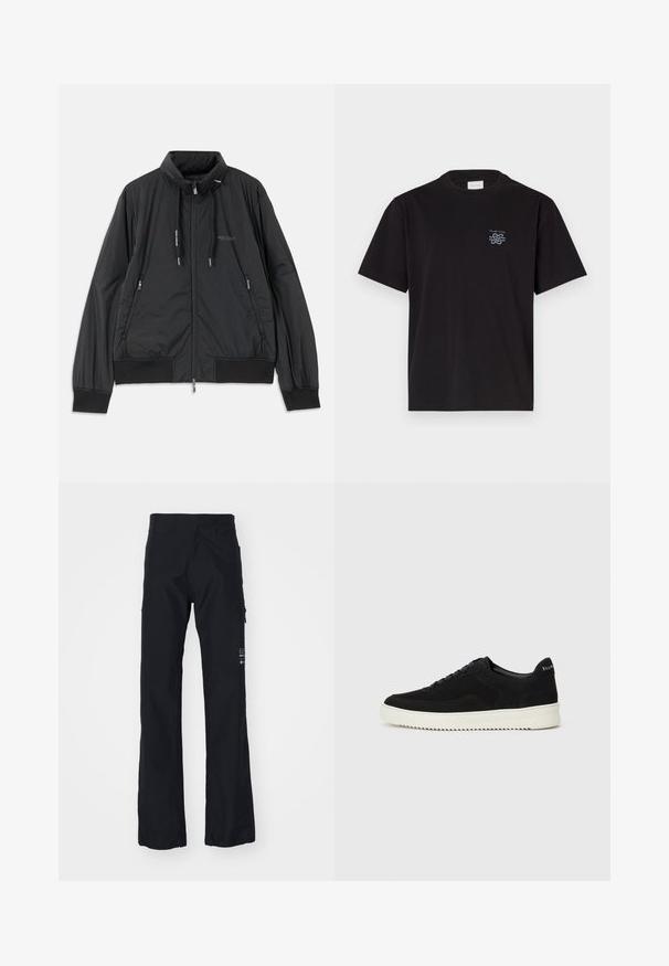 Black lightweight zip-up jacket with stand collar, zippered side pockets, drawstrings, ribbed cuffs, and Armani Exchange logo on chest.; Black cotton t-shirt with a crew neck and short sleeves. Features a small blue logo on the left chest. Simple, straight-cut design.; Black trousers made of a soft, durable fabric. Features straight legs, side pockets, and a logo on the lower right leg.; Black suede sneaker with lace-up design and contrasting white rubber sole. Features textured side panels and subtle branding on the heel.