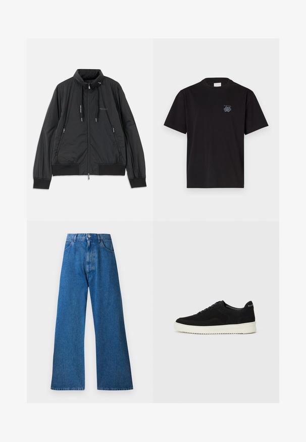 Černá lehká zipová bunda se stojáčkem, bočními kapsami na zip, stahovacími šnůrkami, žebrovanými manžetami a logem Armani Exchange na hrudi.; Černé bavlněné tričko s kulatým výstřihem a krátkými rukávy. Na levé části hrudi se nachází malé modré logo. Jednoduchý, rovně střižený design.; Modré džínové široké kalhoty s vysokým pasem, pěti kapsami, kovovým knoflíkem na zapínání a jemným zesvětlením na přední části. Hladká textura.; Černé semišové tenisky s krajkovým designem a kontrastní bílou gumovou podrážkou. Obsahují texturované boční panely a jemné branding na patě.