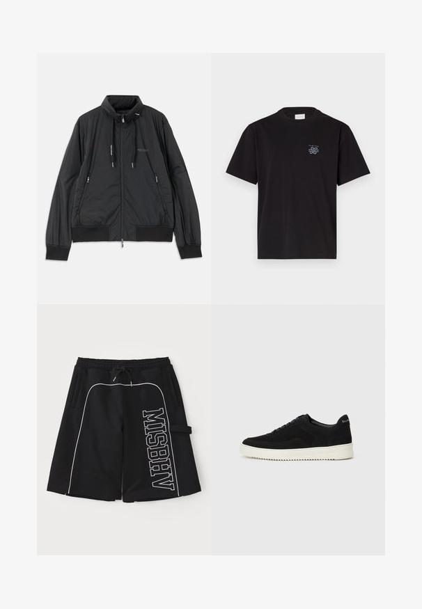 Geacă neagră ușoară cu fermoar, guler înalt, buzunare laterale cu fermoar, șnururi de ajustare, manșete cu rimă și logo-ul Armani Exchange pe piept.; Tricou din bumbac negru cu guler rotund și mâneci scurte. Prezintă un mic logo albastru pe partea stângă a pieptului. Design simplu, cu tăietură dreaptă.; MISBHV SPRING BREAKERS - Pantaloni de trening - black; Adidași negri din suede cu design cu șireturi și talpă din cauciuc alb contrastant. Prezintă panouri laterale texturate și branding subtil pe toc.