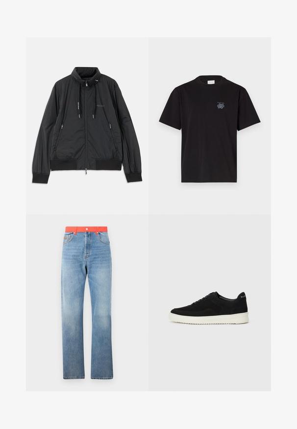 Čierna ľahká zipsová bunda so stojačikom, bočnými zipsovými vreckami, šnúrkami, rebrovanými manžetami a logom Armani Exchange na hrudi.; Čierne bavlnené tričko s okrúhlym výstrihom a krátkymi rukávmi. Obsahuje malú modrú nášivku na ľavej hrudi. Jednoduchý, rovný strih.; Svetlomodré džínsy s rovnými nohavicami, s jasne červeným pásom a štandardným gombíkom a zipsom.; Čierne semišové tenisky s šnurovacím dizajnom a kontrastnou bielou gumovou podrážkou. Obsahujú štruktúrované bočné panely a jemné logo na päte.