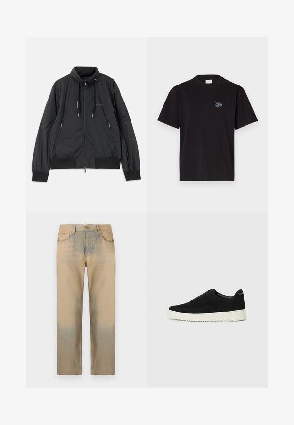 Giacca nera leggera con zip, colletto rialzato, tasche laterali con zip, lacci, polsini a coste e logo Armani Exchange sul petto.; T-shirt in cotone nero con collo rotondo e maniche corte. Presenta un piccolo logo blu sul lato sinistro del petto. Design semplice e dritto.; Jeans in denim beige con design a gamba dritta, caratterizzati da un effetto sbiadito sul fondo, cinque tasche e chiusura con bottone.; Sneaker in suede nero con design con lacci e suola in gomma bianca a contrasto. Presenta pannelli laterali testurizzati e un marchio discreto sul tallone.