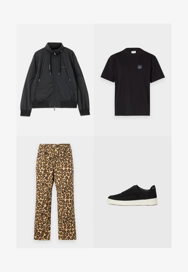 Veste légère noire zippée avec col montant, poches latérales zippées, cordons de serrage, poignets côtelés et logo Armani Exchange sur la poitrine.; T-shirt en coton noir avec un col rond et des manches courtes. Présente un petit logo bleu sur la poitrine gauche. Design simple et droit.; Pantalons en imprimé léopard dans des teintes de beige, marron et noir. Dotés d'une taille élastique et d'un design décontracté à jambe droite. Tissu léger.; Baskets en daim noir avec un design à lacets et une semelle en caoutchouc blanc contrastant. Comprend des panneaux latéraux texturés et un logo subtil sur le talon.