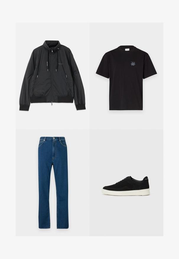 Melna, viegla, ar rāvējslēdzēju aizdara jaka ar stāvošu apkakli, rāvējslēdzēja sānu kabatām, sašaurinājuma auklām, ribota apakšmala piedurknēm un Armani Exchange logotipu uz krūšu.; Melna kokvilnas T-kreklu ar apaļu kaklu un īsām piedurknēm. Saturs mazu zilu logotipu kreisajā krūtī. Vienkāršs, taisns griezums.; Zilas džinsu bikses ar augstu jostu, taisnu kāju dizainu, piecu kabatu stilu un kontrastējošām oranžām šuvēm. Gluda tekstūra.; Melnas zamšas kedas ar auklām un kontrastējošu baltu gumijas zoli. Iekļauj teksturētas sānu panēles un diskretu zīmolu uz papēža.