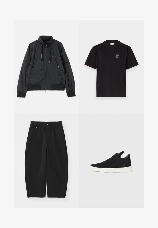 Mustmust mustrikk zip-up jakk, millel on seisev krae, tõmbluku külgtaskud, nöörid, soonikutega varrukad ning Armani Exchange logo rinnal.; Must mustaga T-särk, millel on ümar kaelus ja lühikesed varrukad. Vasakul rinnal on väike sinine logo. Lihtne, sirge lõikega disain.; Helmut Lang COCOON GALLERY - Avar lõikega teksad - black; Must mustel kingad valge kummist tallaga, millel on toon-toonis õmblused ja paeltega disain. Sile tekstuur ja moodne, voolujooneline kuju.