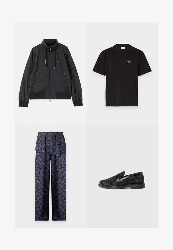Svart lättvikts zip-jacka med ståkrage, dragkedjefickor i sidan, dragsko, ribbade ärmmuddar och Armani Exchange-logotyp på bröstet.; Svart bomullströja med rund hals och korta ärmar. Har en liten blå logotyp på vänster bröst. Enkel, rak design.; Vida byxor i mörk tyg, med ett vävt blått mönster. Elastisk midja för ökad komfort. Slät textur med geometriska detaljer.; Svart vävd slip-on sko med en slät läderdetalj på ovansidan, med rund tådesign och en låg gummisula.