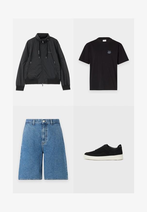 Mustmust mustrikk zip-up jakk, millel on seisev krae, tõmbluku külgtaskud, nöörid, soonikutega varrukad ning Armani Exchange logo rinnal.; Must mustaga T-särk, millel on ümar kaelus ja lühikesed varrukad. Vasakul rinnal on väike sinine logo. Lihtne, sirge lõikega disain.; Sinine denimist lühikesed püksid, millel on kõrge vöökoht, esine nupuga kinnitamine, küljetaskud ja sirge sääre disain.; Mustad suede jooksujalatsid, millel on paelad ja kontrastne valge kummitald. Omab tekstuuriga külgpaneele ja tagasihoidlikku brändimist kandadel.