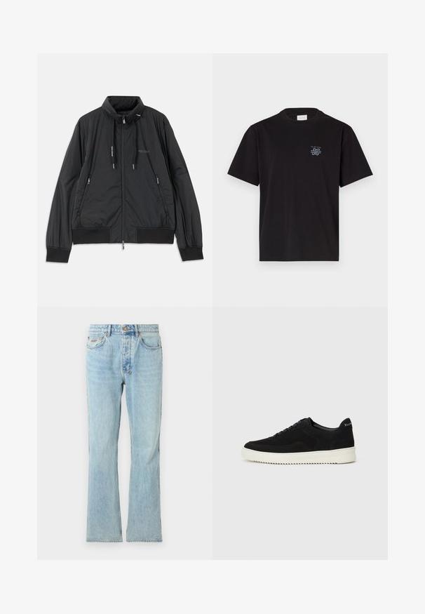 Black lightweight zip-up jacket with stand collar, zippered side pockets, drawstrings, ribbed cuffs, and Armani Exchange logo on chest.; Black cotton t-shirt with a crew neck and short sleeves. Features a small blue logo on the left chest. Simple, straight-cut design.; Light blue denim jeans with a straight leg cut, classic five-pocket design, subtle whiskering, and metal button closure at the waistband.; Black suede sneaker with lace-up design and contrasting white rubber sole. Features textured side panels and subtle branding on the heel.