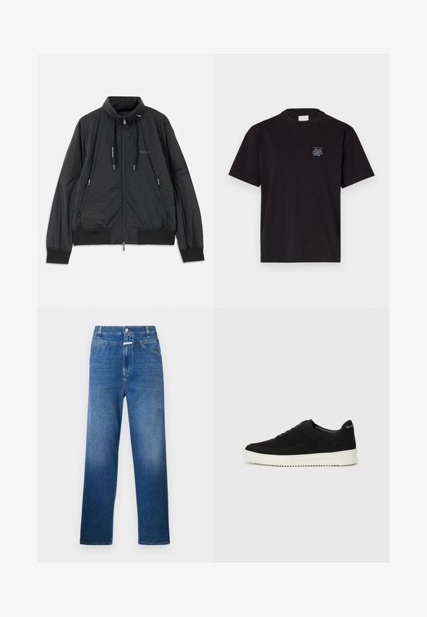 Musta kevyt vetoketjullinen takki, jossa on seisomakaulus, vetoketjulliset sivutaskut, narut, ribbireunat ja Armani Exchange -logo rinnassa.; Mustikka puuvillapaita, jossa on pyöreä kaula-aukko ja lyhyet hihat. Vasemmassa rinnassa pieni sininen logo. Yksinkertainen, suora leikkaus.; Siniset farkut suoralla lahkeella, joissa on nappikiinnitys, vyölenkit ja hillitty haalistuma reidellä.; Mustat mokkakengät nauhoilla ja kontrastivalkoisella kumipohjalla. Varustettu teksturoiduilla sivupaneeleilla ja huomaamattomalla brändäyksellä kantapäässä.