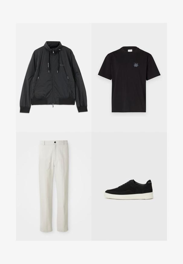 Giacca nera leggera con zip, colletto rialzato, tasche laterali con zip, lacci, polsini a coste e logo Armani Exchange sul petto.; T-shirt in cotone nero con collo rotondo e maniche corte. Presenta un piccolo logo blu sul lato sinistro del petto. Design semplice e dritto.; Pantaloni beigi a gamba dritta con passanti per cintura, bottone frontale e chiusura con zip, esposti in piano su uno sfondo bianco.; Sneaker in suede nero con design con lacci e suola in gomma bianca a contrasto. Presenta pannelli laterali testurizzati e un marchio discreto sul tallone.
