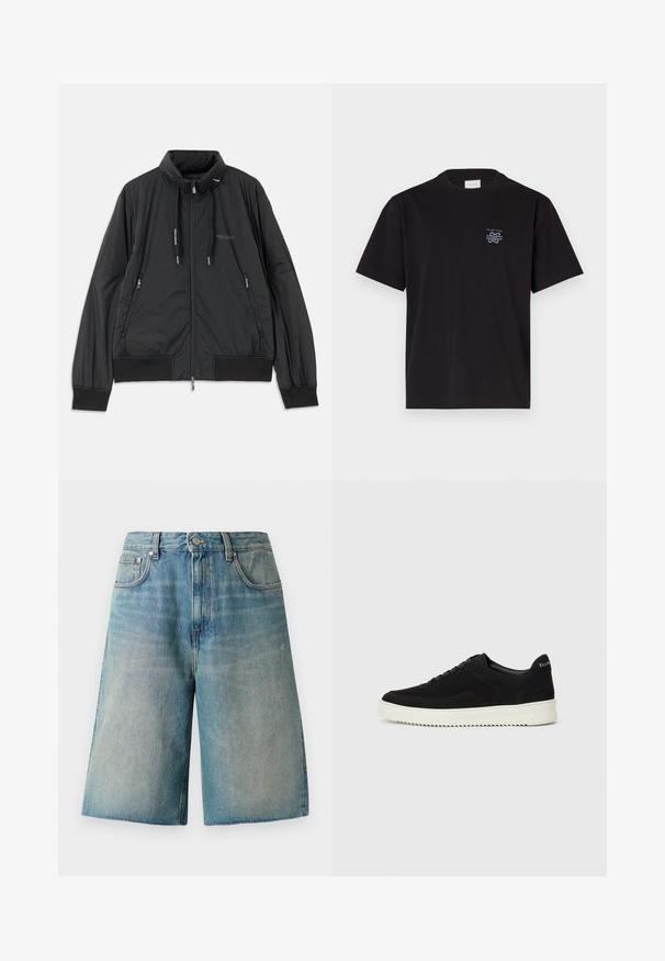 Čierna ľahká zipsová bunda so stojačikom, bočnými zipsovými vreckami, šnúrkami, rebrovanými manžetami a logom Armani Exchange na hrudi.; Čierne bavlnené tričko s okrúhlym výstrihom a krátkymi rukávmi. Obsahuje malú modrú nášivku na ľavej hrudi. Jednoduchý, rovný strih.; Svetlomodré džínsy šortky so rovný strihom, vysokým pásom a rozstrapkaným lemom. Obsahujú päť vreciek a predné zapínanie na gombík.; Čierne semišové tenisky s šnurovacím dizajnom a kontrastnou bielou gumovou podrážkou. Obsahujú štruktúrované bočné panely a jemné logo na päte.