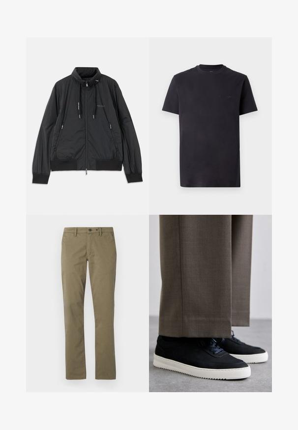 Svart lett zip-up jakke med ståkrage, glidelåslommer på sidene, snorer, ribbestrikkede mansjetter og Armani Exchange-logo på brystet.; Svart bomull T-skjorte med rund hals, korte ermer og preget logo detaljer på brystet. Glatt tekstur, avslappet passform.; Khaki bukser laget av bomull, med rette ben, to frontlommer og knapp- og glidelås-lukking.; Svarte suedeglans sneakers med hvite gummisåler, med rund tå og lisser, iført grå skreddersydde bukser.