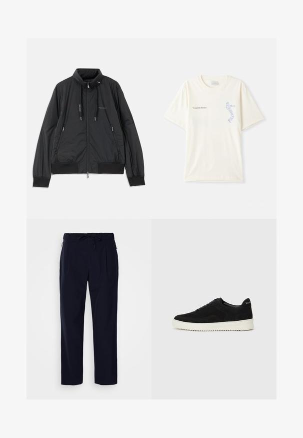 Fekete, könnyű, cipzáras dzseki álló gallérral, cipzáras oldalsó zsebekkel, húzózsinórral, bordázott mandzsettákkal és Armani Exchange logóval a mellkason.; Fehér pamut póló rövid ujjakkal, az „Egy ritmus által összekapcsolva” felirattal fekete és kék grafikával a mellkason. Kerek nyakú kialakítás.; J.LINDEBERG JIN PLEATED - Nadrágok - navy; Fekete velúr sportcipő fűzős dizájnnal és kontrasztos fehér gumitalppal. Jellemzői a textúrázott oldalpanelek és a diszkrét logó a sarokon.