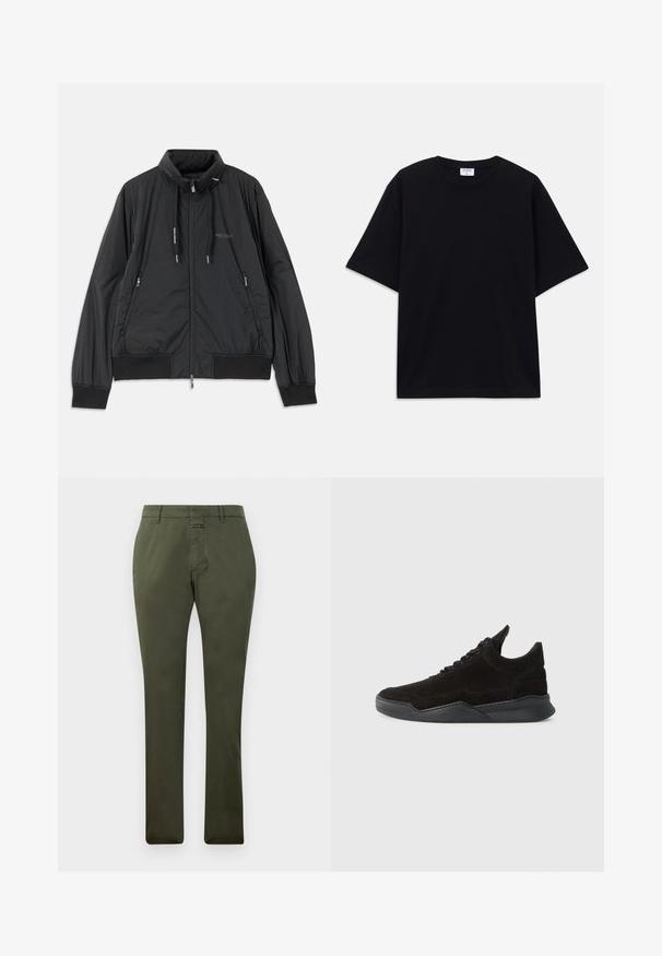 Giacca nera leggera con zip, colletto rialzato, tasche laterali con zip, lacci, polsini a coste e logo Armani Exchange sul petto.; T-shirt oversize nera a maniche corte con scollatura rotonda e etichetta del marchio Filippa K visibile all'interno del colletto.; Pantaloni dritti verde oliva con passanti per cintura, cerniera frontale e chiusura con bottone, esposti su uno sfondo bianco semplice.; Sneaker in suede nera con profilo basso, tomaia testurizzata, lacci piatti e suola in gomma solida con un leggero tacco e design curvato.