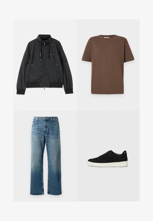 Casaco leve preto com fecho frontal e gola alta, bolsos laterais com fecho, cordões, punhos canelados e logótipo da Armani Exchange no peito.; T-shirt de algodão castanho com decote redondo, mangas curtas e um pequeno logótipo impresso na frente. Textura de tecido lisa, ajuste casual.; Calças de ganga de perna larga em azul claro com um efeito desgastado, apresentando fecho de botão único, cinco bolsos e costuras em contraste.; Sapatilhas de camurça pretas com design de atacadores e sola de borracha branca em contraste. Apresenta painéis laterais texturizados e uma marcação discreta no calcanhar.