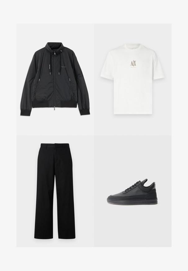 Črn lahek jakna na zadrgo s stojnicnim ovratnikom, zadrgami na strani, vrvicami, rebrastimi manšeti in logotipom Armani Exchange na prsih.; Bela bombažna majica s krožnim izrezom. Ima majhen bež logotip "A|X" in "ARMANI EXCHANGE" napisano spodaj. Kratke rokave, običajen kroj.; Črne široke hlače iz gladkega blaga. Imajo ravno sprednjo stran z zankami za pas in ravno krojenje, z minimalnimi detajli.; Črne usnjene superge z teksturirano površino, s sistemom vezanja, nizkim zgornjim delom in sivo gumijasto podplato, ki ima rebrast rob.