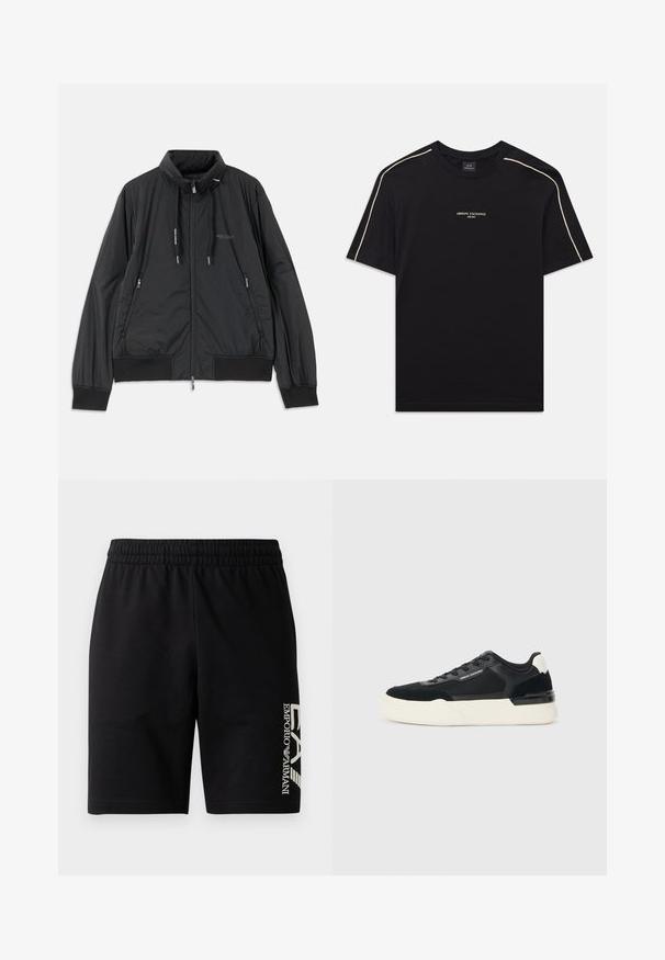 Black lightweight zip-up jacket with stand collar, zippered side pockets, drawstrings, ribbed cuffs, and Armani Exchange logo on chest.; Black cotton t-shirt with short sleeves, rounded neck, beige accent stitching on shoulders, and ARMANI EXCHANGE logo in the center.; EA7 Emporio Armani TRAIN VISIBILITY - Shorts - black/cream; Black sneaker made of mesh and leather, featuring a thick white sole and contrasting accents. Laces and logo detail on the side.