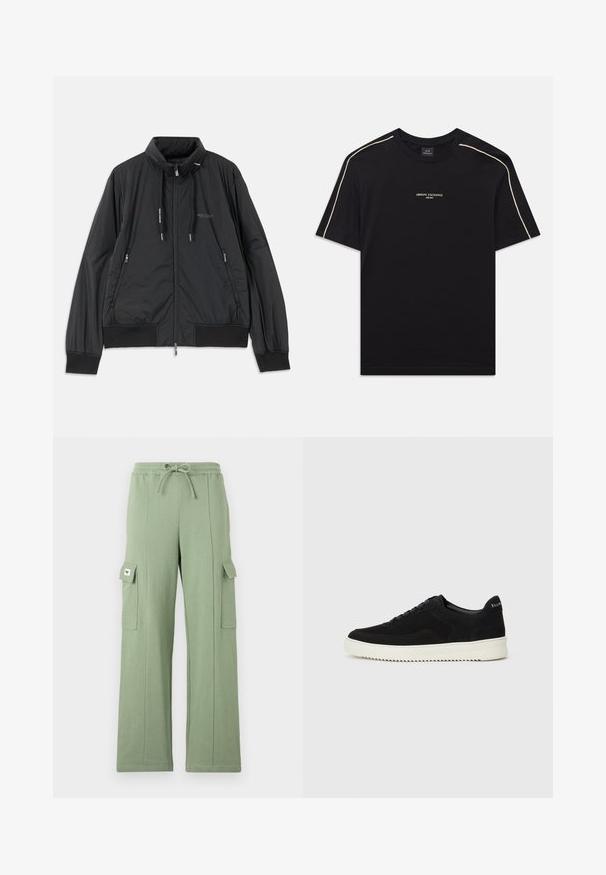 Juodas lengvas zip-up džemperis su stovinčiu apykakle, užtrauktukais šoninėse kišenėse, įveržimais, raibotu rankogaliu ir Armani Exchange logotipu ant krūtinės.; Juodas medvilninis marškinėliai su trumpomis rankovėmis, apvaliu kaklu, šviesiai rudos spalvos siūlėmis ant pečių ir ARMANI EXCHANGE logotipu viduryje.; Šviesiai žali cargo kelnės, pagamintos iš medvilnės mišinio; turi elastingą juosmenį, raištelį, platesnes kojas ir dvi šonines kišenes su užsegamais dangteliais.; Juodos veliūrinės sportinės bateliai su raištelių dizainu ir kontrastinga balta gumine padais. Yra tekstūruoti šoniniai skydeliai ir subtilus logotipas ant kulno.