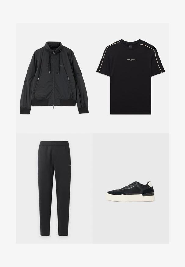 Casaco leve preto com fecho frontal e gola alta, bolsos laterais com fecho, cordões, punhos canelados e logótipo da Armani Exchange no peito.; T-shirt de algodão preto com mangas curtas, gola redonda, costura de destaque bege nos ombros e logo ARMANI EXCHANGE ao centro.; Calças de treino pretas feitas de tecido suave, com um cós elástico, pernas retas e um pequeno detalhe de logotipo de um lado.; Sapata preta feita de malha e couro, apresentando uma sola branca grossa e detalhes contrastantes. Cadarços e detalhe do logótipo na lateral.