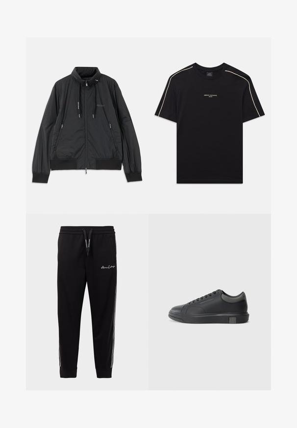Crna lagana jakna na zip s visokom kragnom, bočnim dzepovima na zip, vezicama, rebrastim manžetama i logom Armani Exchange na prsima.; Crna pamučna majica s kratkim rukavima, okruglim izrezom, bež naglašenim šavovima na ramenima i ARMANI EXCHANGE logotipom u sredini.; Crne trenirke od mješavine pamuka, s rebrastim pojasom, bijelim bočnim prugama i izvezenim logom na prednjem lijevom butu.; Crne kožne tenisice s glatkom završnom obradom, okruglim vrhom i tamno sivim detaljima. Imaju vezanje i teksturiranu gumenu potplat.