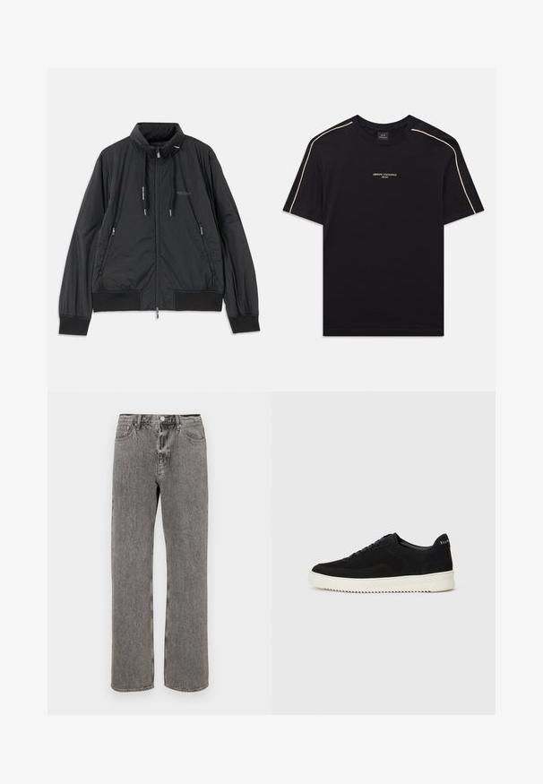 Melna, viegla, ar rāvējslēdzēju aizdara jaka ar stāvošu apkakli, rāvējslēdzēja sānu kabatām, sašaurinājuma auklām, ribota apakšmala piedurknēm un Armani Exchange logotipu uz krūšu.; Melna kokvilnas T-kreklā ar īsām piedurknēm, noapaļotu kakla izgriezumu, bēšas akcentu šķērsšuvēm plecos un ARMANI EXCHANGE logotipu vidū.; Pelēkie džinsi ar taisnu kāju griezumu, piecu kabatu dizainu un pogu slēgšanu jostasvietā. Visā virsmā ir maiga izbalējusi tekstūra.; Melnas zamšas kedas ar auklām un kontrastējošu baltu gumijas zoli. Iekļauj teksturētas sānu panēles un diskretu zīmolu uz papēža.