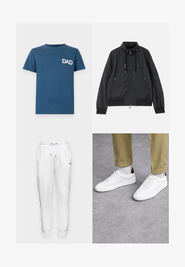 Černá lehká zipová bunda se stojáčkem, bočními kapsami na zip, stahovacími šnůrkami, žebrovanými manžetami a logem Armani Exchange na hrudi.; Modré bavlněné tričko s krátkým rukávem a kulatým výstřihem, které má bílé textové tisk na levé straně hrudi s nápisem "DAD".; Michael Kors LOGO TAPE PANT - Teplákové kalhoty - white; Bílé tenisky s texturovaným koženým povrchem, zaoblenou špičkou a černým akcentem na patě. Gumová podrážka s malým vzorem a šitými detaily.