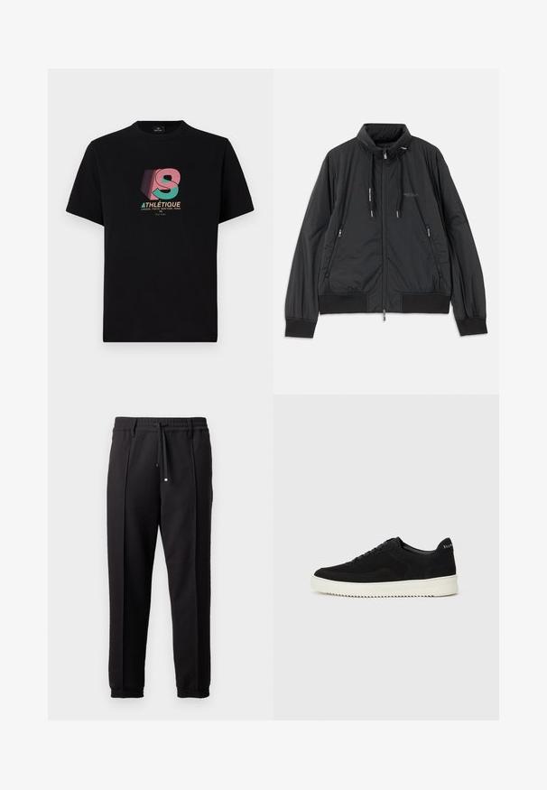 Casaco leve preto com fecho frontal e gola alta, bolsos laterais com fecho, cordões, punhos canelados e logótipo da Armani Exchange no peito.; T-shirt de algodão preto com mangas curtas apresenta um design gráfico multicolorido com a inscrição "ATHLÉTIQUE" e um "S" estilizado na frente.; Calças pretas com uma cinta na cintura, cordão ajustável e punhos elásticos. Apresenta pregas e um tecido liso e texturizado.; Sapatilhas de camurça pretas com design de atacadores e sola de borracha branca em contraste. Apresenta painéis laterais texturizados e uma marcação discreta no calcanhar.
