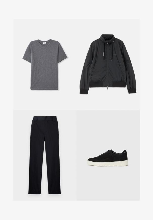 Zwarte lichtgewicht zip-up jack met opstaande kraag, ritszakken aan de zijkant, trekkoorden, geribbelde manchetten en het Armani Exchange-logo op de borst.; Grijs T-shirt met korte mouwen, gemaakt van zacht en glad materiaal. Klassieke ronde halslijn met een ontspannen pasvorm en zonder opvallende ontwerpelementen.; Zwarte broek van een lichtgewicht, gestructureerde stof, met een recht model, elastische Tailleband en zijzakken met rits.; Zwarte suède sneakers met vetersluiting en contrasterende witte rubberen zool. Voorzien van textuurpanelen aan de zijkanten en subtiele branding op de hiel.
