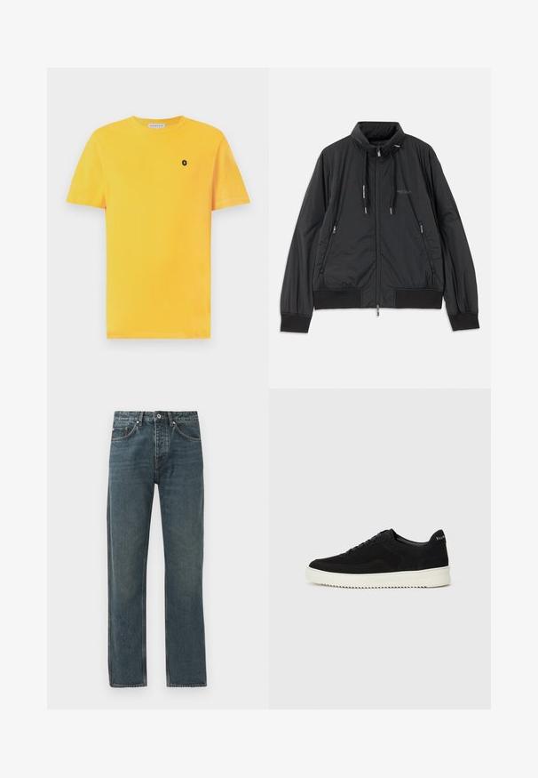 Zwarte lichtgewicht zip-up jack met opstaande kraag, ritszakken aan de zijkant, trekkoorden, geribbelde manchetten en het Armani Exchange-logo op de borst.; Geel katoenen T-shirt met korte mouwen, ronde halslijn en een klein zwart logo op de linkerkant van de borst. Glad textuur en standaard pasvorm.; Donkerblauwe denim jeans met een rechte pijp, voorzien van vijf zakken, een knoopsluiting en contrasterende stiksels.; Zwarte suède sneakers met vetersluiting en contrasterende witte rubberen zool. Voorzien van textuurpanelen aan de zijkanten en subtiele branding op de hiel.