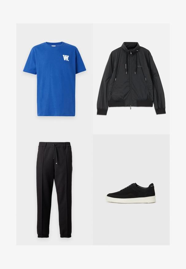 Zwarte lichtgewicht zip-up jack met opstaande kraag, ritszakken aan de zijkant, trekkoorden, geribbelde manchetten en het Armani Exchange-logo op de borst.; Blauwe katoenen t-shirt met een ronde hals, korte mouwen en een wit logo op de linker borst. Zachte textuur en normale pasvorm.; Zwarte broeken met een tailleband, koord en elastische boorden. Heeft plooien en een gladde, gestructureerde stof.; Zwarte suède sneakers met vetersluiting en contrasterende witte rubberen zool. Voorzien van textuurpanelen aan de zijkanten en subtiele branding op de hiel.