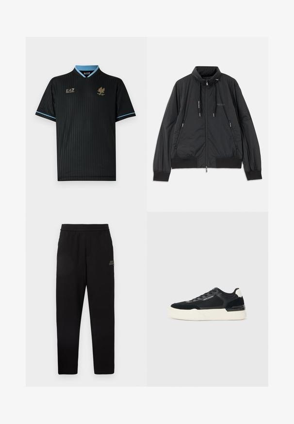 Svart lett zip-up jakke med ståkrage, glidelåslommer på sidene, snorer, ribbestrikkede mansjetter og Armani Exchange-logo på brystet.; Svart kortermet trøye med vertikale nålestriper, lyseblå krage og detaljer, med gullfargede logoer på forsiden.; Sorte tapered joggebukser med elastisk midjebånd og liten trykt logo på øvre venstre lår.; Svart sneaker laget av mesh og lær, med en tykk hvit såle og kontrasterende detaljer. Lissene og logoen er detaljer på siden.