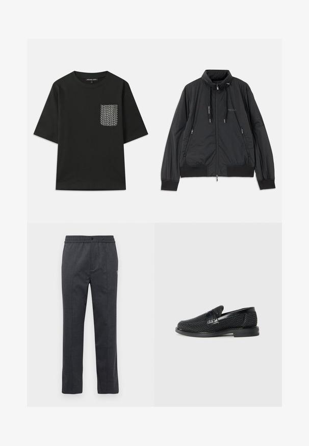 Svart lättvikts zip-jacka med ståkrage, dragkedjefickor i sidan, dragsko, ribbade ärmmuddar och Armani Exchange-logotyp på bröstet.; Svart bomullströja med rund nacke och korta ärmar. Har en mönstrad ficka på vänster sida med vita geometriska mönster.; Mörkgrå raka byxor med elastisk midja, framknäppning och subtil broderad detalj på den högra sidan.; Svart vävd slip-on sko med en slät läderdetalj på ovansidan, med rund tådesign och en låg gummisula.
