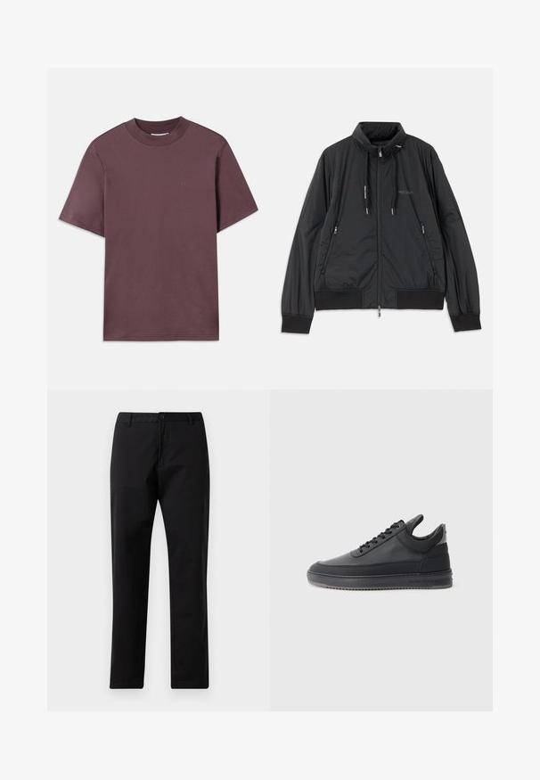 Čierna ľahká zipsová bunda so stojačikom, bočnými zipsovými vreckami, šnúrkami, rebrovanými manžetami a logom Armani Exchange na hrudi.; Tielko s krátkymi rukávmi, okrúhlym výstrihom v tmavej broskyňovej farbe, vyrobené z jemnej bavlny. Má minimalistické logo v zodpovedajúcej farbe na prednej strane.; Čierne nohavice so rovnými nohavicami, s upevnením na gombík a zips, s pútkami na opasok a prednými vreckami, zobrazené na bielom pozadí.; Čierne kožené tenisky s textúrovaným povrchom, viazacím dizajnom, nízkym strihom a šedou gumovou podrážkou s drážkovaným okrajom.