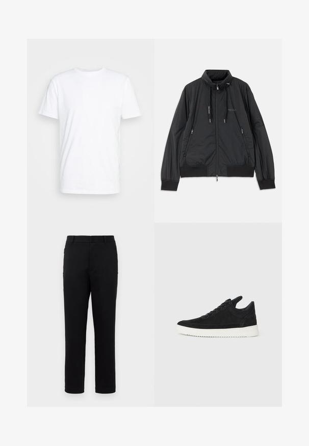 Zwarte lichtgewicht zip-up jack met opstaande kraag, ritszakken aan de zijkant, trekkoorden, geribbelde manchetten en het Armani Exchange-logo op de borst.; Witte katoenen t-shirt met een klassieke ronde hals, korte mouwen en een soepele textuur; geen patronen of zichtbare logo's.; Zwarte broek met een recht model, gemaakt van soepele stof. Beschikt over een middelhoge taille en zijzakken. Minimalistische stijl zonder patronen.; Zwarte suède sneakers met een witte rubberen zool, voorzien van tonale stiksels en een vetersluiting. Glad oppervlak met een moderne, gestroomlijnde vorm.