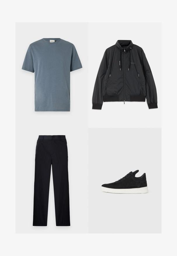 Svart lett zip-up jakke med ståkrage, glidelåslommer på sidene, snorer, ribbestrikkede mansjetter og Armani Exchange-logo på brystet.; Kortermet t-skjorte i myk, mellomblå bomull. Har klassisk rund hals, rett snitt og minimale sømdetaljer.; Sorte bukser med lett og teksturert stoff, rett ben-design, elastisk midjebånd og sidelommer med glidelås.; Sorte semskede sneakers med hvit gummisåle, med tonale sømmer og snøring. Glatt tekstur med en moderne, strømlinjeformet form.