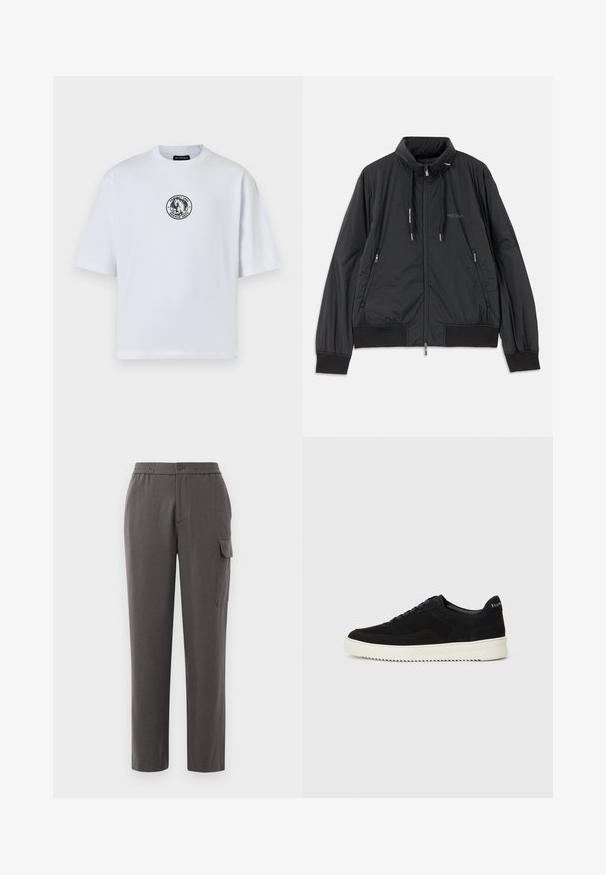 Casaco leve preto com fecho frontal e gola alta, bolsos laterais com fecho, cordões, punhos canelados e logótipo da Armani Exchange no peito.; Camiseta branca de algodão com mangas curtas, apresentando um logótipo gráfico preto circular na frente. Design de gola redonda, ajuste descontraído.; Calças cinzas com um ajuste descontraído, feitas de um tecido suave. Apresentam um fecho de botão, bolsos laterais e um bolso de carga na perna.; Sapatilhas de camurça pretas com design de atacadores e sola de borracha branca em contraste. Apresenta painéis laterais texturizados e uma marcação discreta no calcanhar.