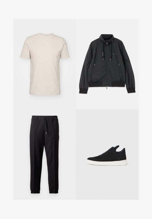 Black lightweight zip-up jacket with stand collar, zippered side pockets, drawstrings, ribbed cuffs, and Armani Exchange logo on chest.; Short-sleeve, crew-neck t-shirt in light beige cotton. Features a smooth texture, standard fit, and simple design without patterns or embellishments.; Black trousers with a waistband, drawstring, and elastic cuffs. Features pleats and a smooth, textured fabric.; Black suede sneaker with a white rubber sole, featuring tonal stitching and lace-up design. Smooth texture with a modern, streamlined shape.
