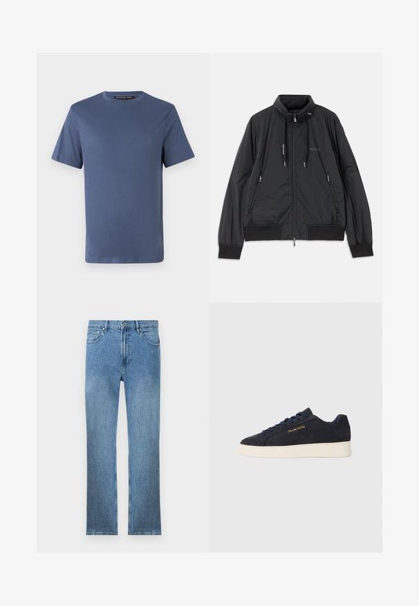 Casaco leve preto com fecho frontal e gola alta, bolsos laterais com fecho, cordões, punhos canelados e logótipo da Armani Exchange no peito.; T-shirt de algodão azul com mangas curtas, decote redondo e um pequeno logótipo dourado no peito. Textura suave e corte standard.; Calças de ganga de denim azul claro com corte reto, cinco bolsos, fecho de correr e costuras em contraste. O tecido tem um acabamento liso e texturizado.; Sapatilhas baixas em camurça azul-marinho com sola branca, atacadores azuis-marinho e o logótipo "Filling Pieces" em dourado na lateral.